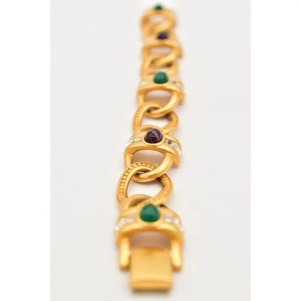 Givenchy Vintage Cabochon Bracelet Multi-Color Brushed Gold Crystal Signed BinAD